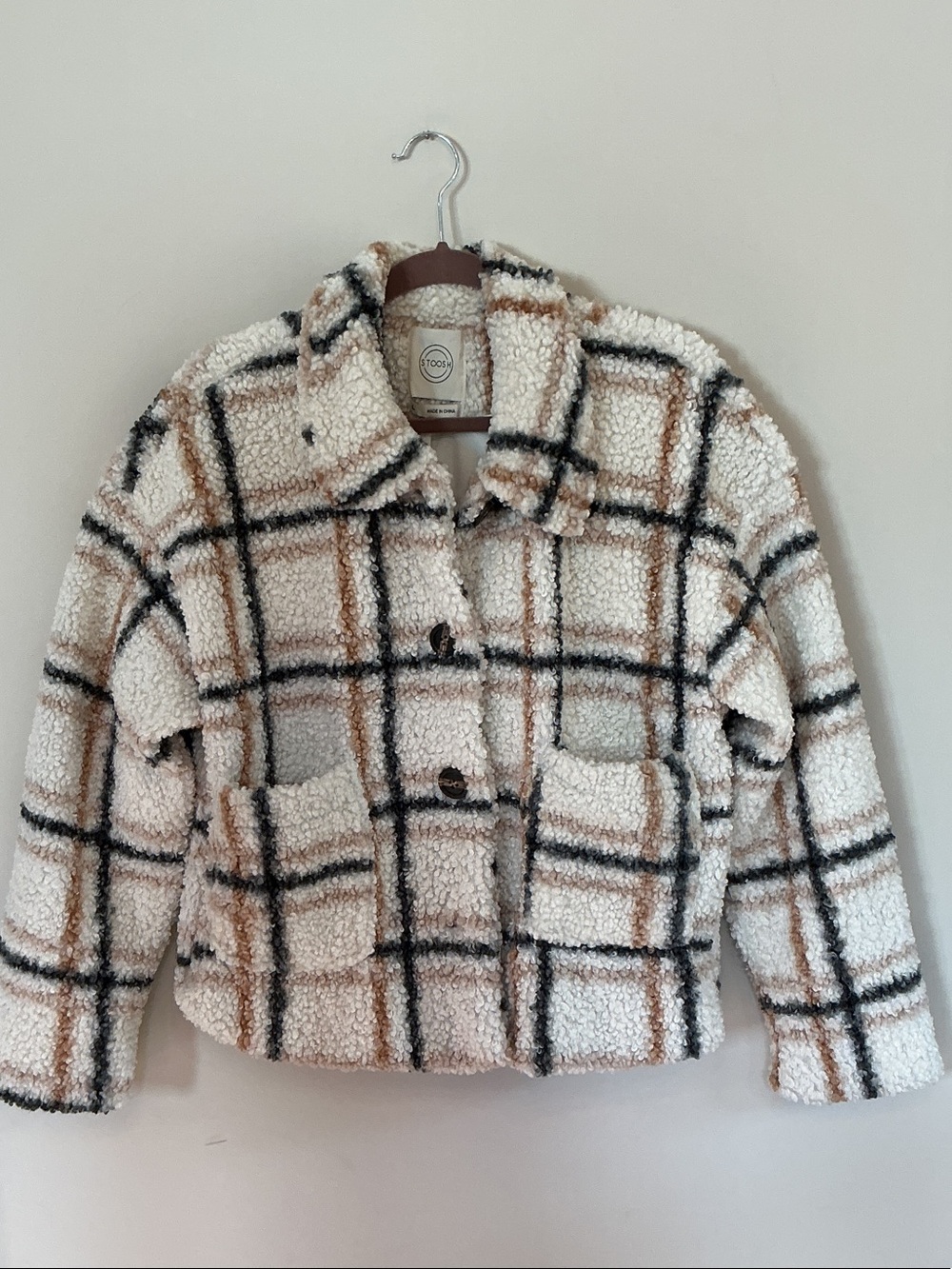 Stoosh Cream Women’s L Tan & Black Plaid Teddy Coat